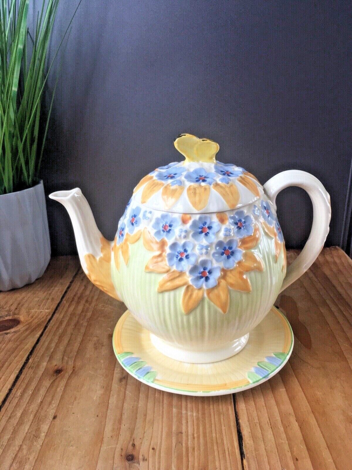 Art Deco Burleigh Ware Butterfly Floral Pattern Teapot & Trivet Stand Vintage photo for sale