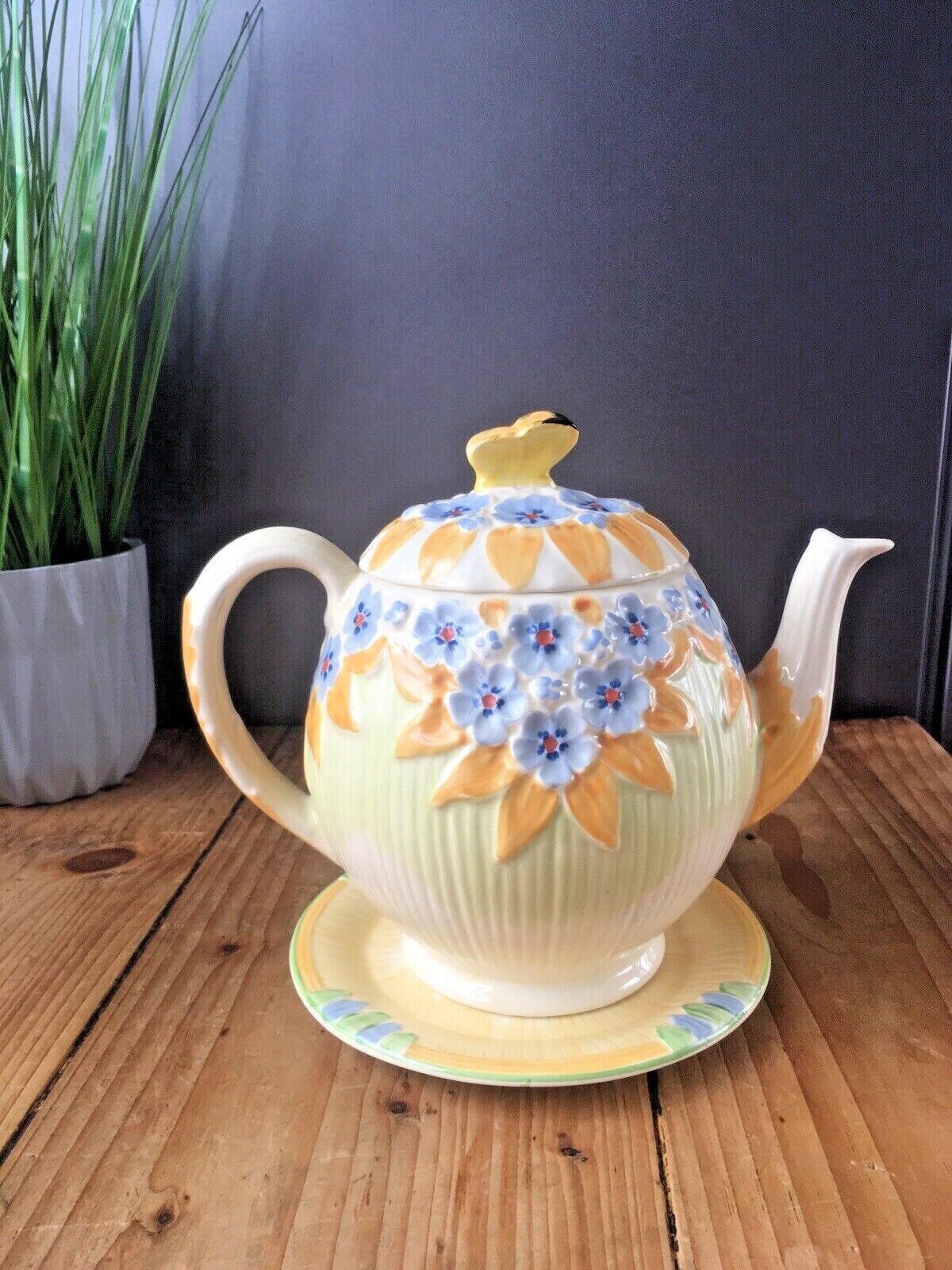 Art Deco Burleigh Ware Butterfly Floral Pattern Teapot & Trivet Stand Vintage photo 135.0