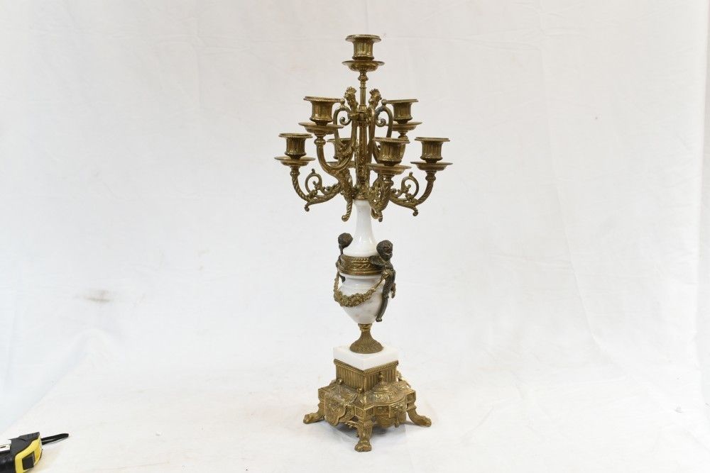 French Gilt Candelabra Marble Urn Cherub Candles photo for sale