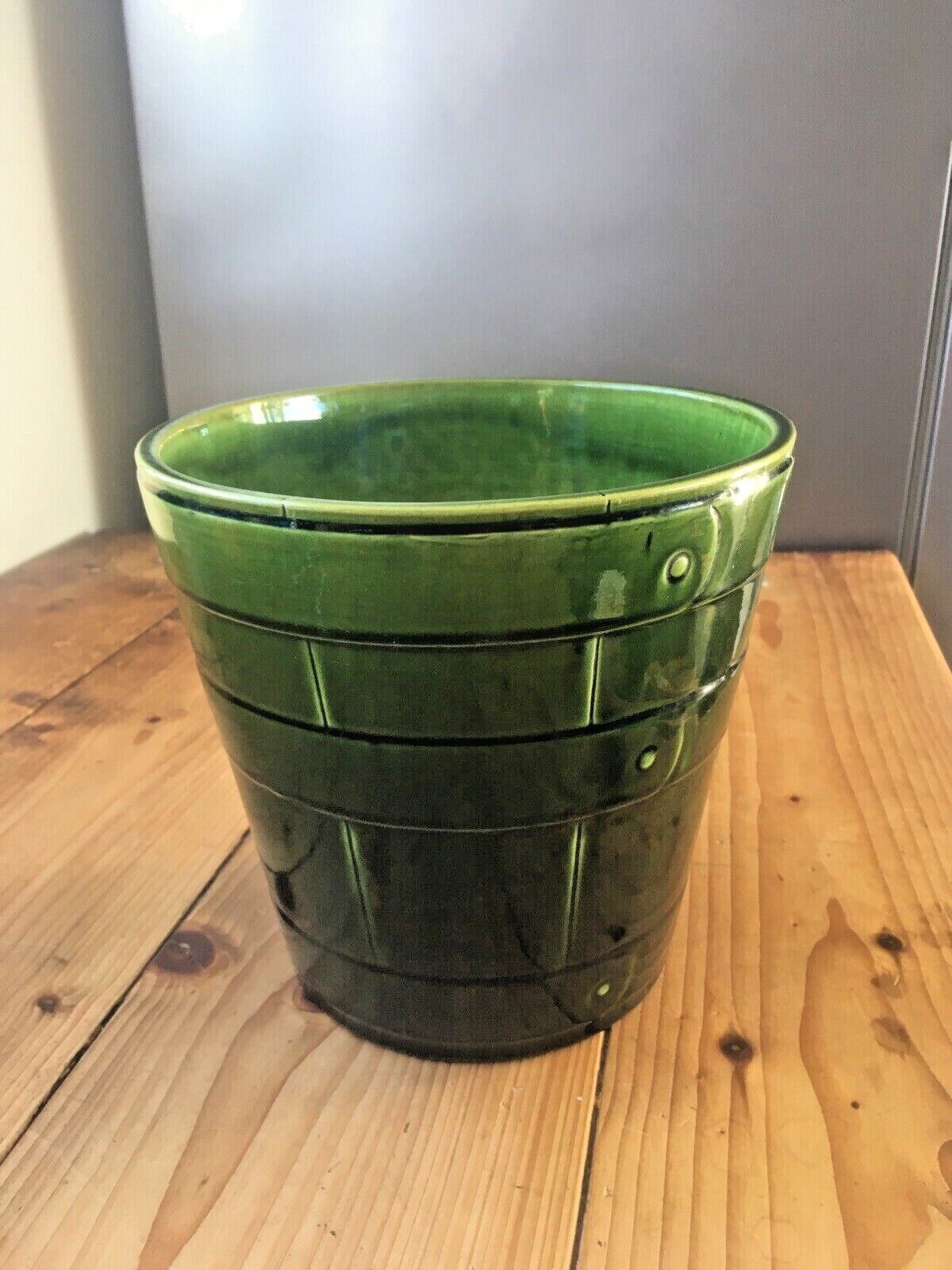 Antique Green Bretby Pottery Coopered Barrel Jardiniere Vase Plant Pot 2118 H photo furniture