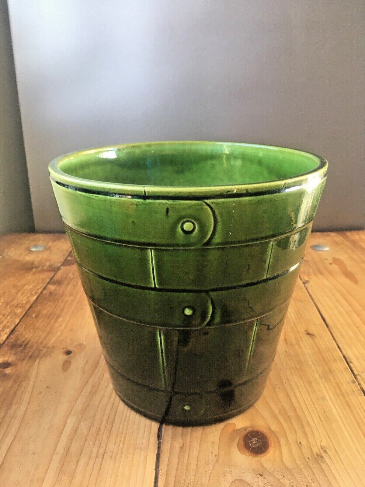 Antique Green Bretby Pottery Coopered Barrel Jardiniere Vase Plant Pot 2118 H photo Home Decor