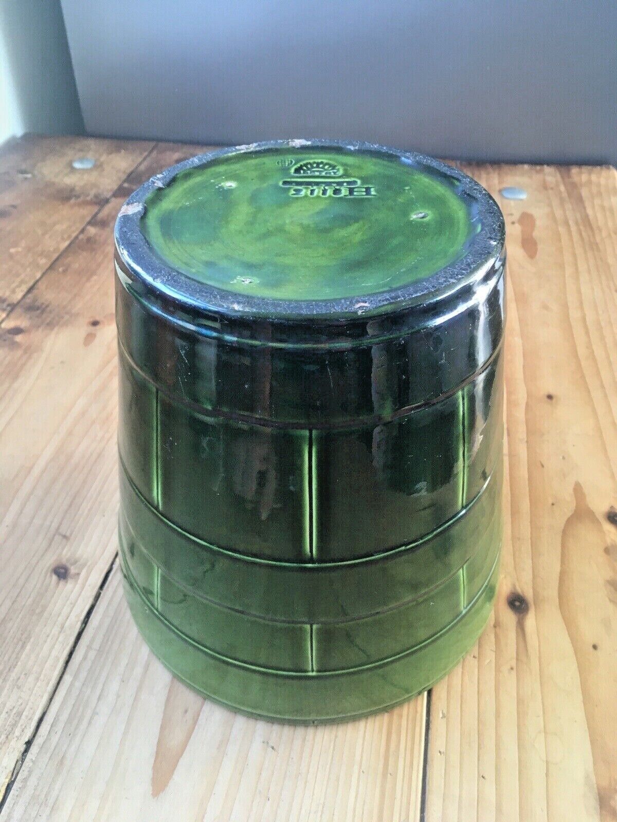 photo for sale Antique Green Bretby Pottery Coopered Barrel Jardiniere Vase Plant Pot 2118 H