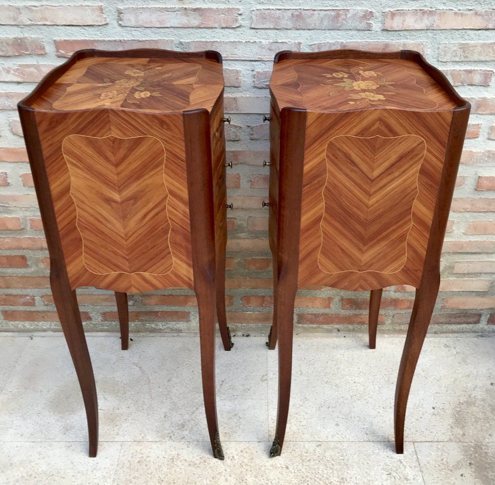 photo furniture Begin 20e Eeuwse Franse Nachtkastjes In Marqueterie En Brons Met Ijzeren Details, Set Van 2