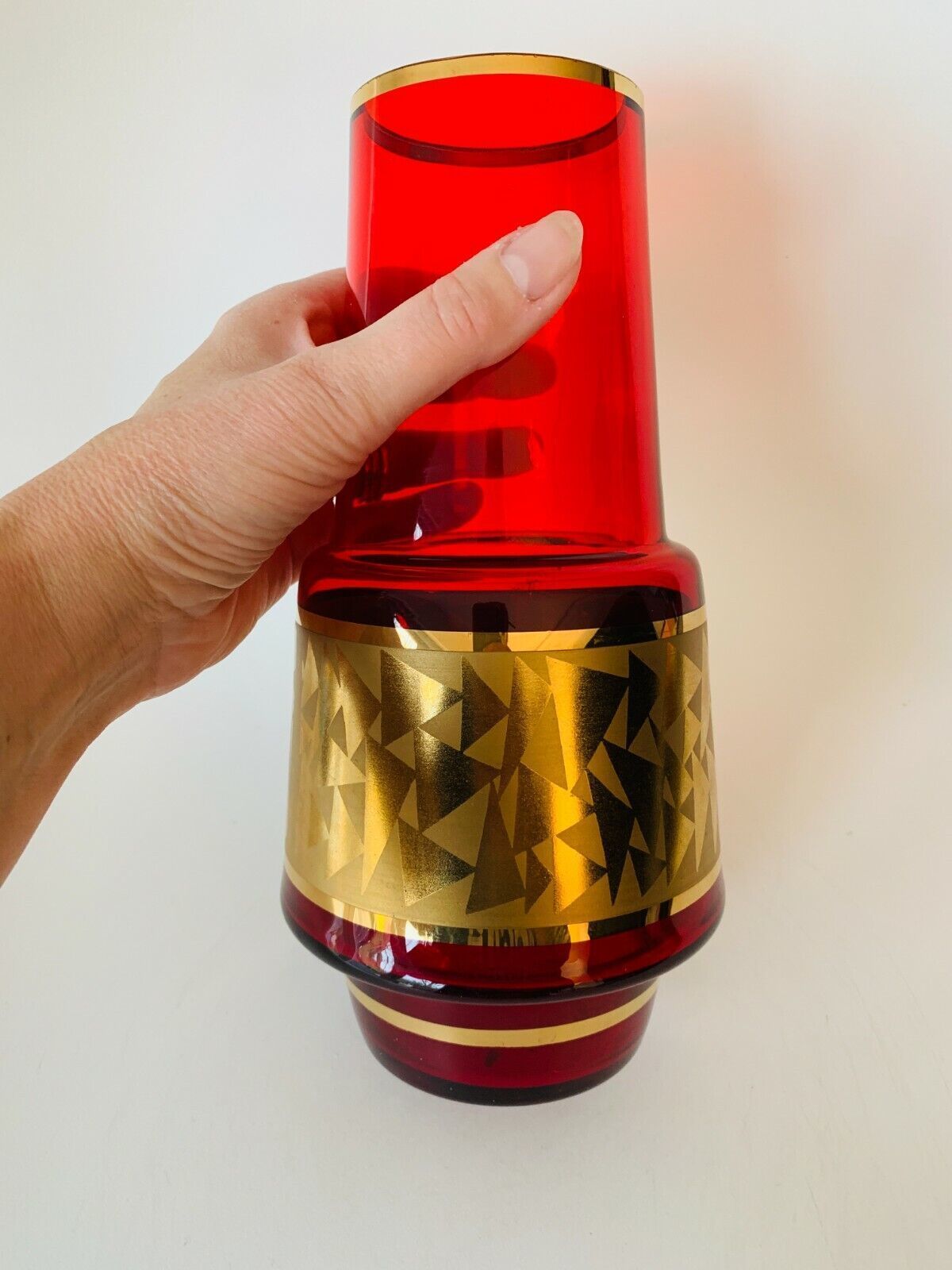 Mid Century Czech Jan Gabrhel Gilt Ruby Coloured Glass Vase 1960s photo furniture