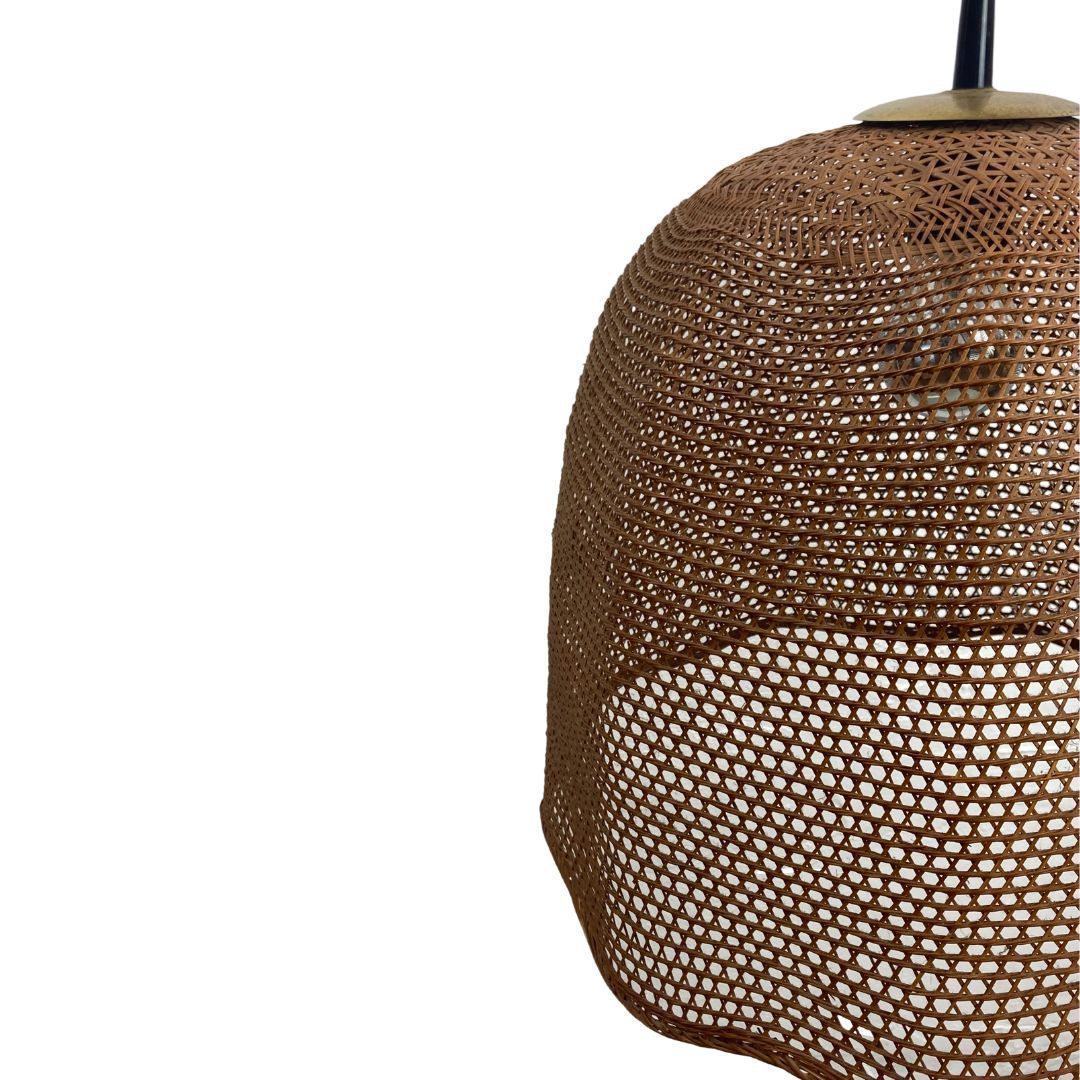 photo furniture Rattan Wicker Webbing Beehive Pedant Hanging Lamp With Brass, Dutch 1960s