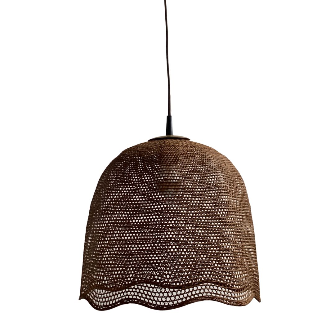 photo vintage Rattan Wicker Webbing Beehive Pedant Hanging Lamp With Brass, Dutch 1960s
