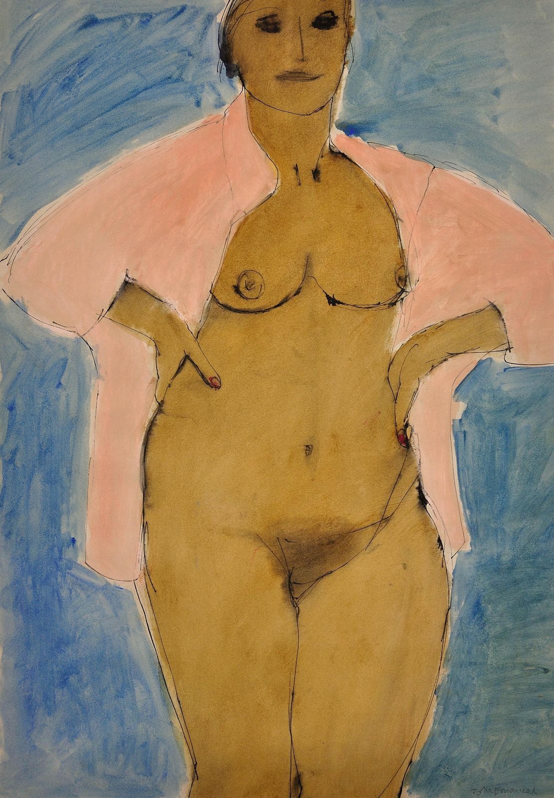 John Emanuel 1930 To 2024. I Can’t Stay Away From You. 1980s Female Nude. Framed Watercolour Painting. A Mature Lady Wearing An Open Pink Shirt. photo furniture