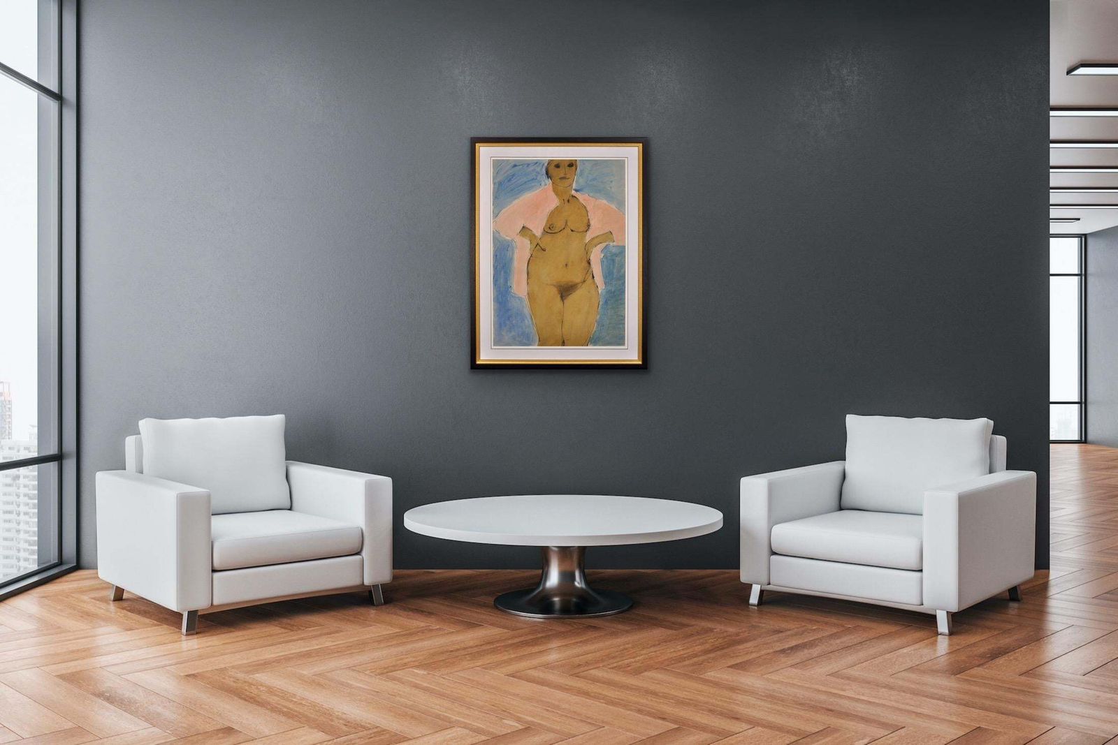 Art John Emanuel 1930 To 2024. I Can’t Stay Away From You. 1980s Female Nude. Framed Watercolour Painting. A Mature Lady Wearing An Open Pink Shirt. photo