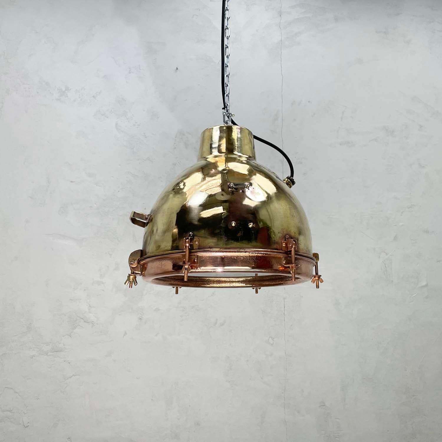 Lighting 1960s Japanese Industrial Brass, Copper And Glass Dome Pendant Light photo