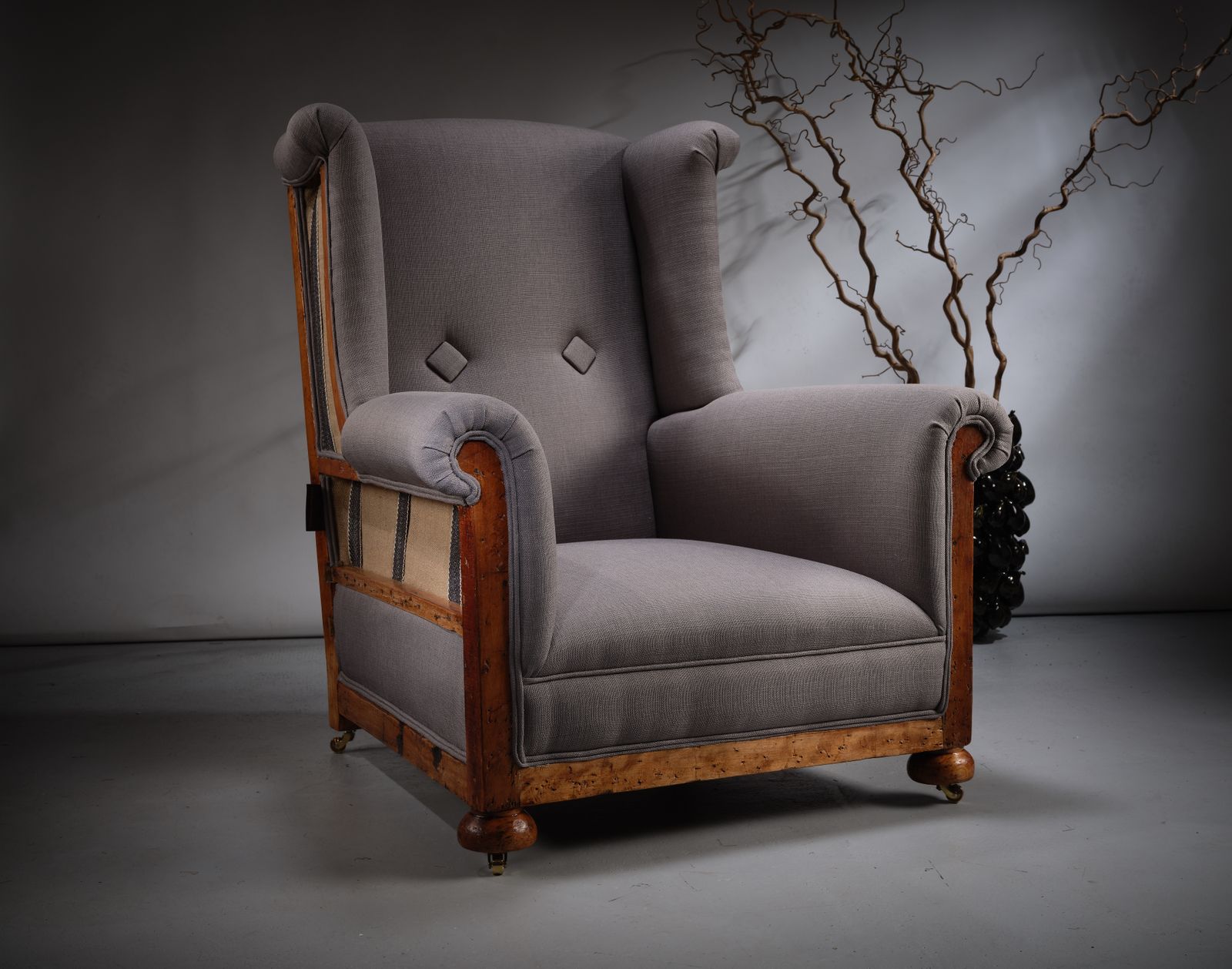 Quirky Deconstructed Oak Victorian Armchair In Grey Linen With Exposed Frame, Circa 1920’s