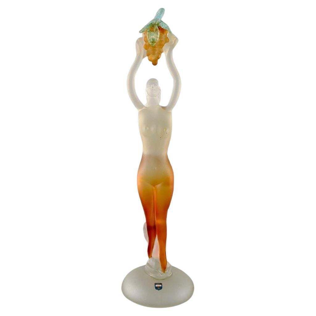 Large And Rare Murano Sculpture In Mouth Blown Art Glass, Woman With Grapes