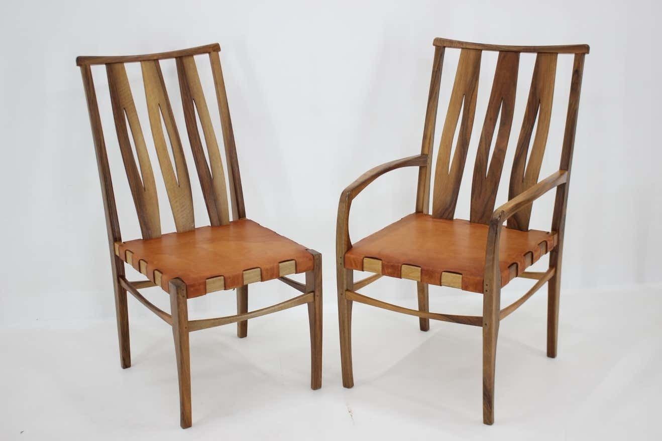 2001 One Of A Kind Custom Made Set Of Walnut And Leather Dining Chairs, Set Of 6 photo 4763.0