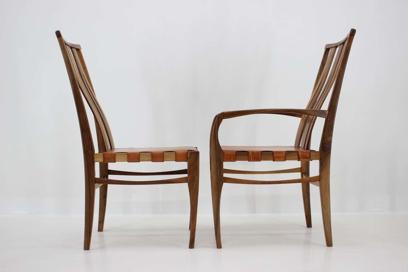 2001 One Of A Kind Custom Made Set Of Walnut And Leather Dining Chairs, Set Of 6 photo vinterior
