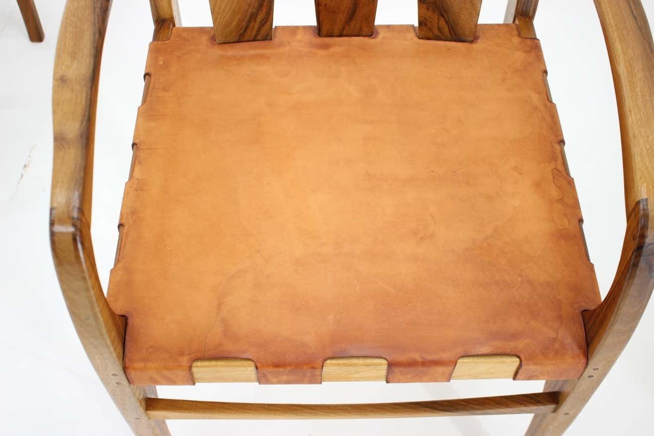 photo for sale 2001 One Of A Kind Custom Made Set Of Walnut And Leather Dining Chairs, Set Of 6