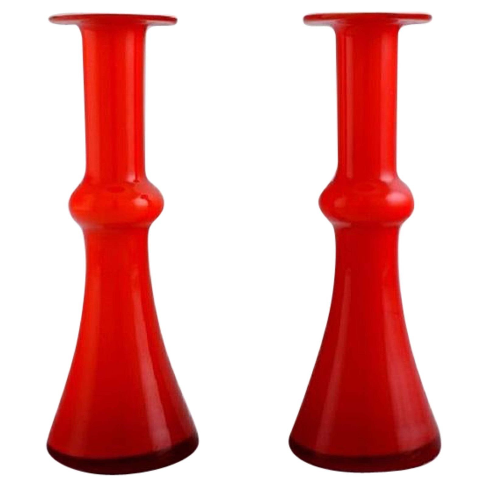 Holmegaard  Kastrup Two Carnaby Vases In Red Mouth Blown Art Glass 1960s
