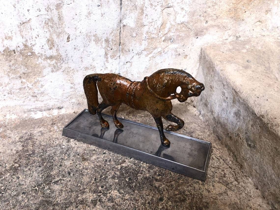 Antique Painted Rustic Metal Horse Statue On Stand photo for sale