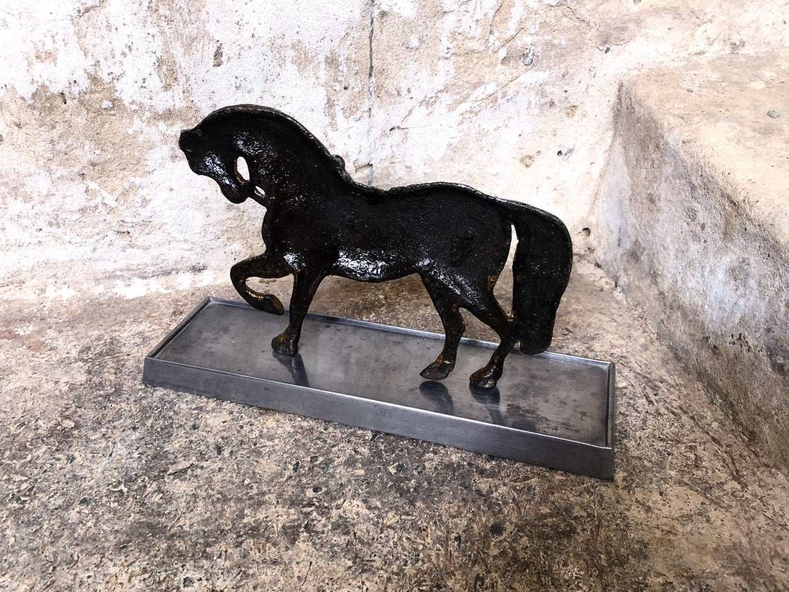 Antique Painted Rustic Metal Horse Statue On Stand photo Art