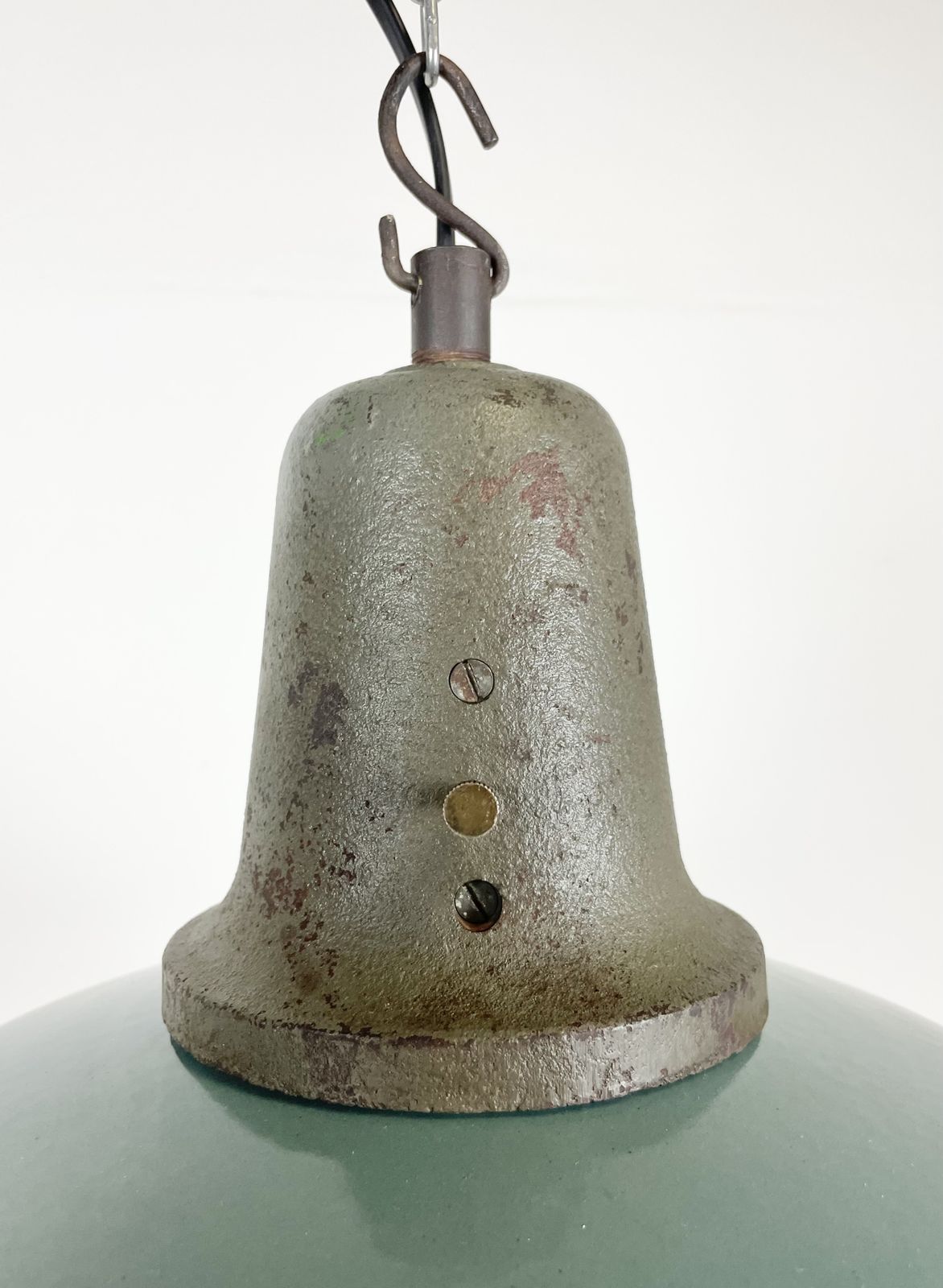 Industrial Petrol Enamel Factory Lamp With Cast Iron Top, 1960s photo for sale