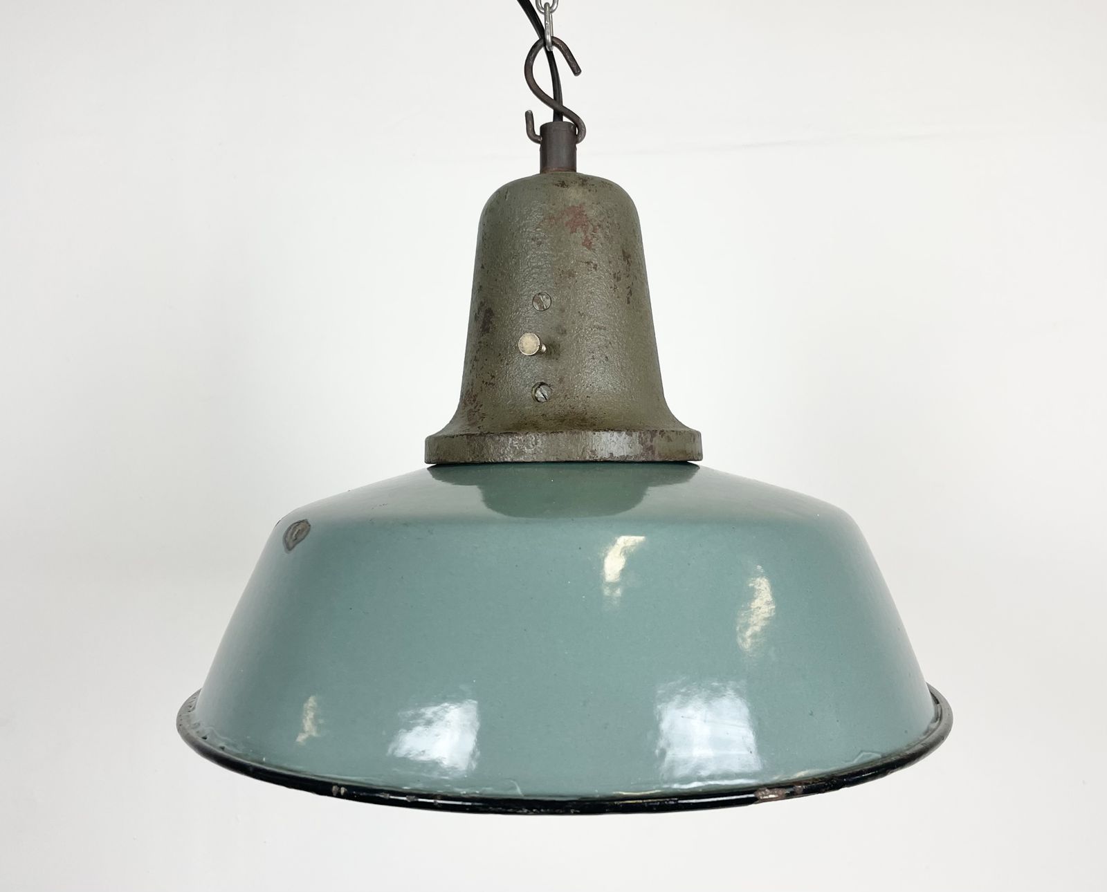 Industrial Petrol Enamel Factory Lamp With Cast Iron Top, 1960s photo buy