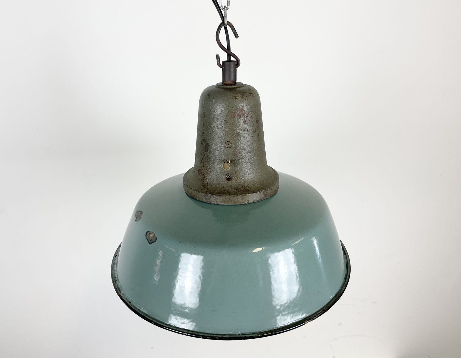 photo for sale Industrial Petrol Enamel Factory Lamp With Cast Iron Top, 1960s