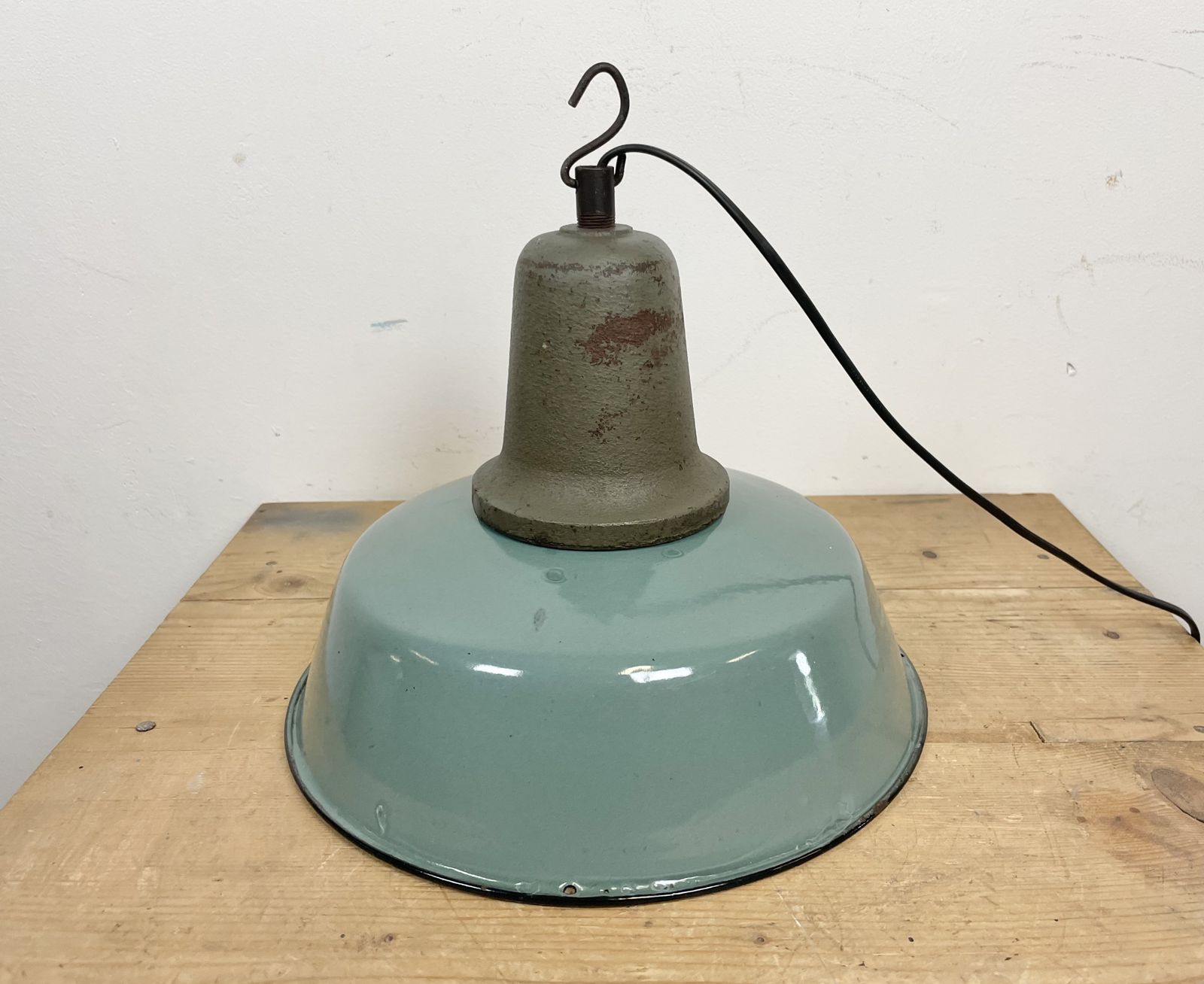 photo buy Industrial Petrol Enamel Factory Lamp With Cast Iron Top, 1960s