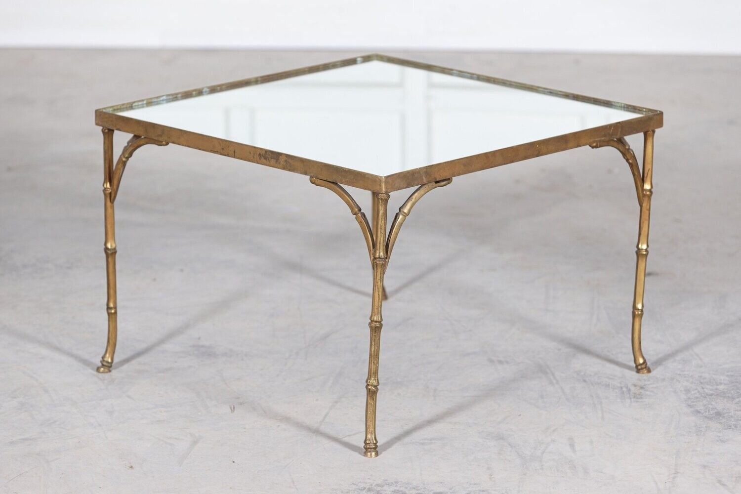 French Mid Century Gilt Bronze Faux Bamboo Mirror Top Side Table