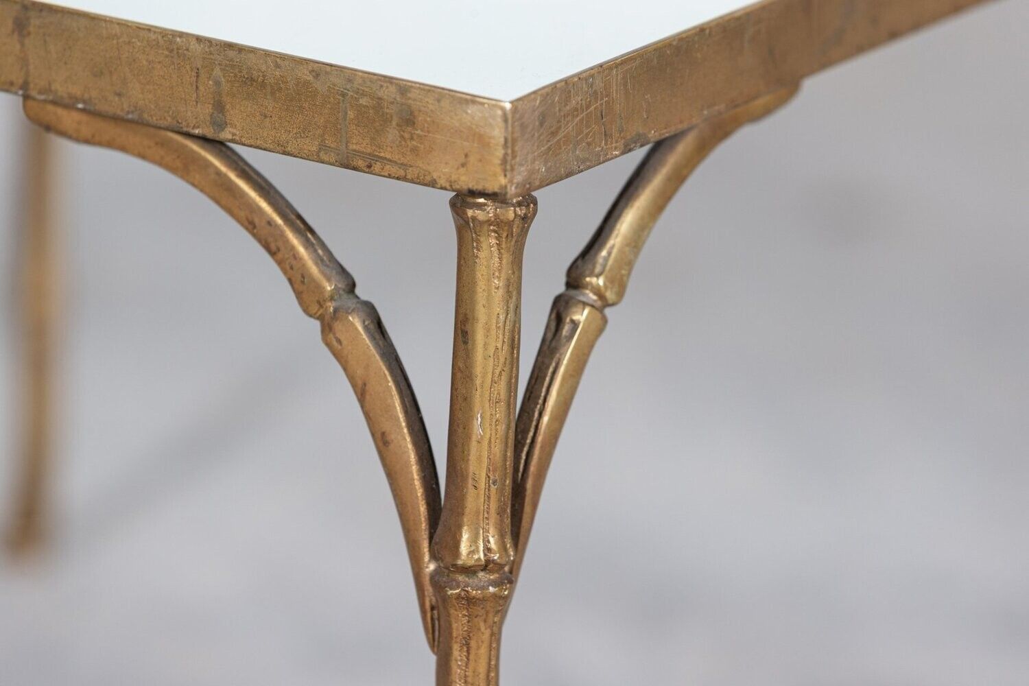 French Mid Century Gilt Bronze Faux Bamboo Mirror Top Side Table photo furniture