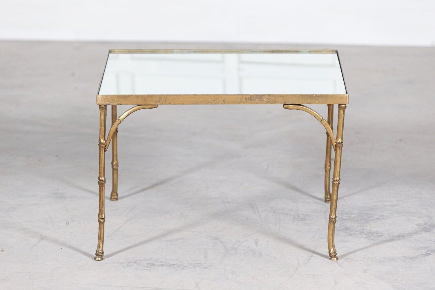 French Mid Century Gilt Bronze Faux Bamboo Mirror Top Side Table photo for sale
