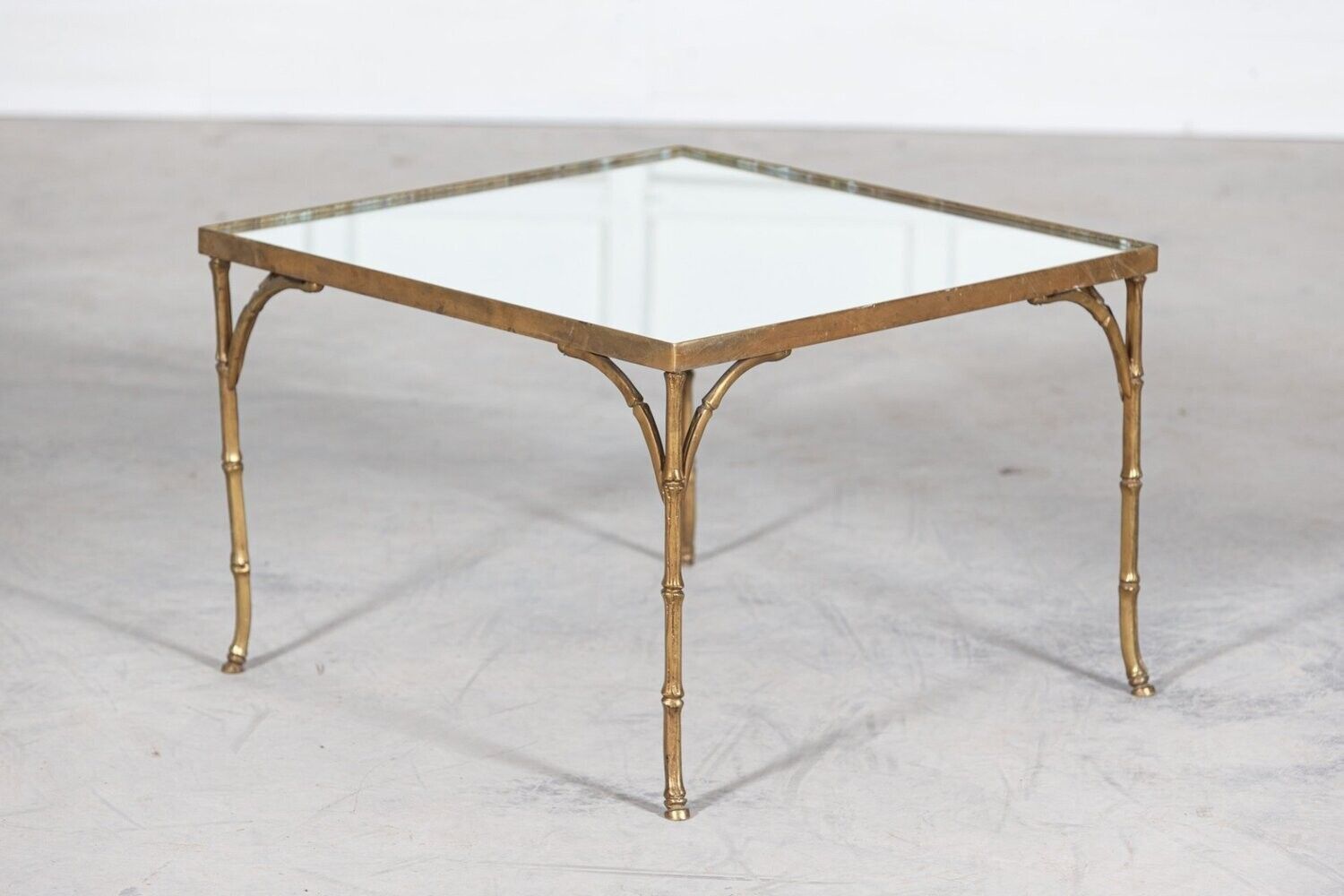 French Mid Century Gilt Bronze Faux Bamboo Mirror Top Side Table photo vintage