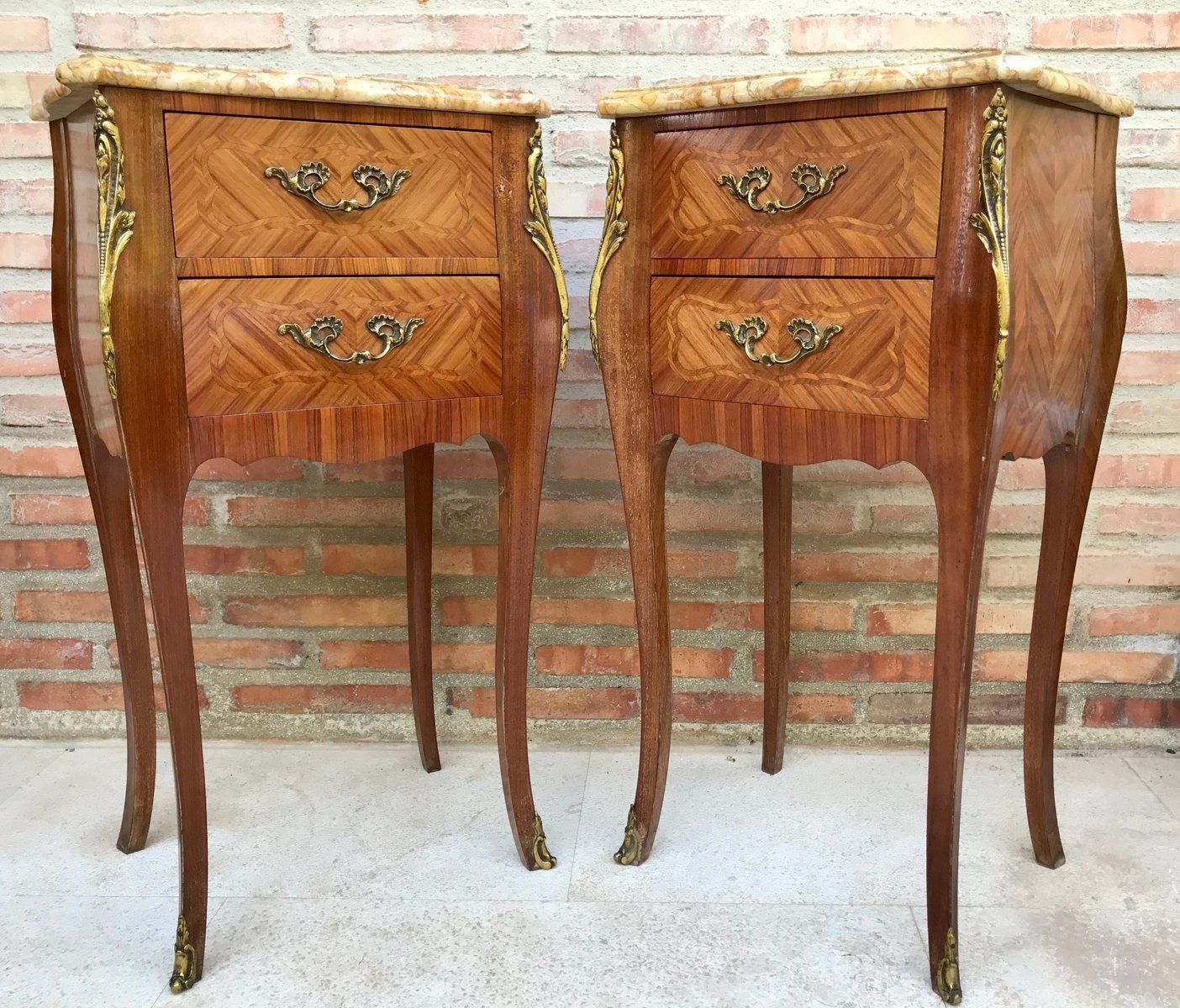 Antique Louis XV French Marquetry Marble Top Nightstands, Set Of 2 photo furniture