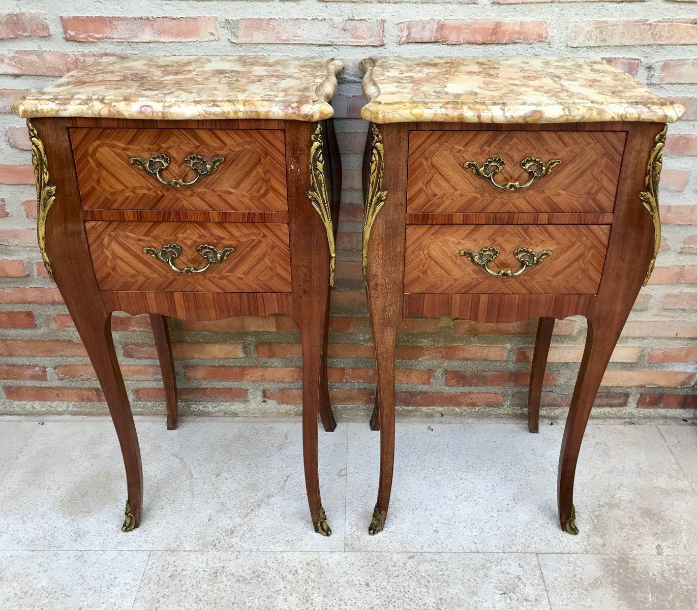 Antique Louis XV French Marquetry Marble Top Nightstands, Set Of 2 photo buy