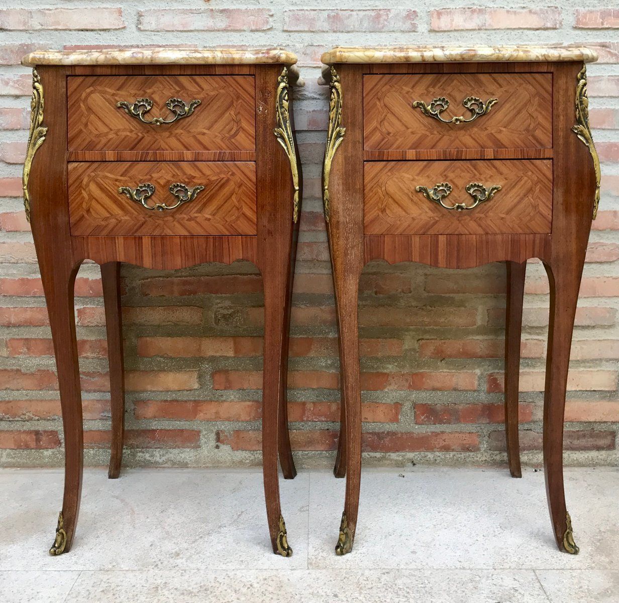 Antique Louis XV French Marquetry Marble Top Nightstands, Set Of 2 photo vintage