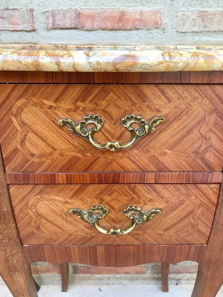 photo for sale Antieke Franse Louis XV Marqueterie Nachtkastjes Met Marmeren Blad, Set Van 2