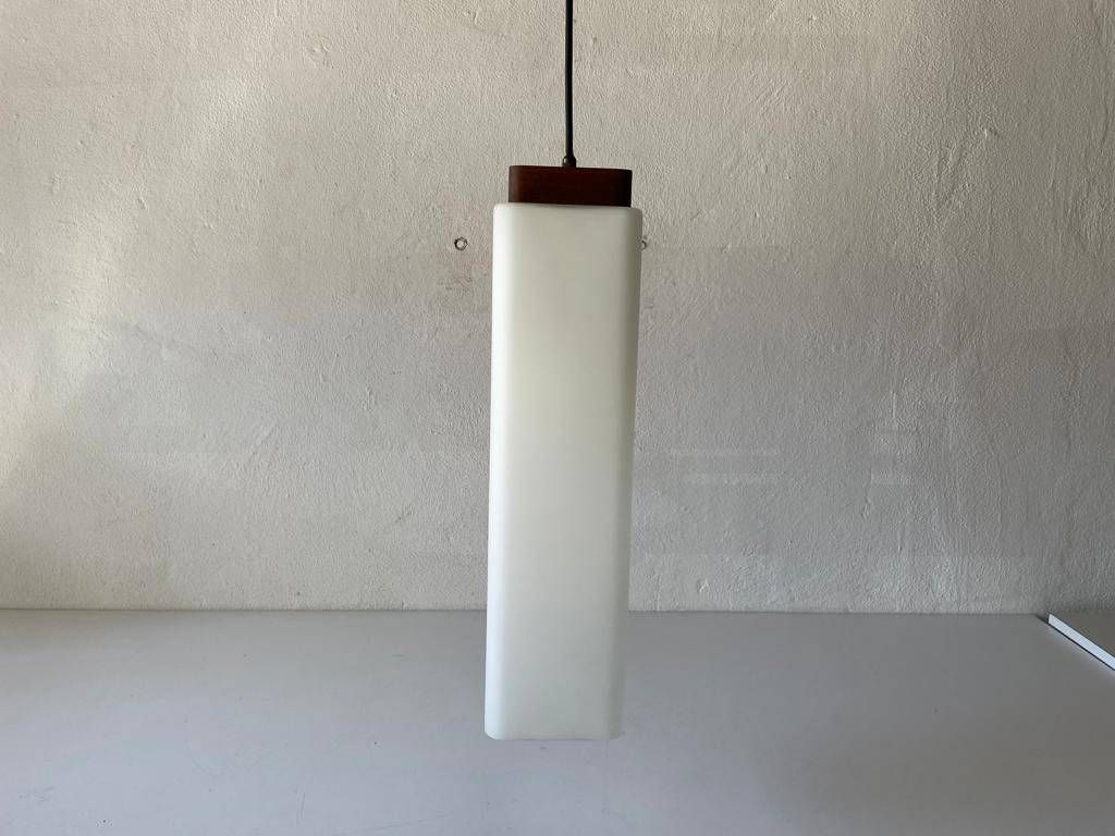Italian Modern Square Prism Opal Glass And Wood Top Pendant Lamp, 1960s, Italy photo Lighting