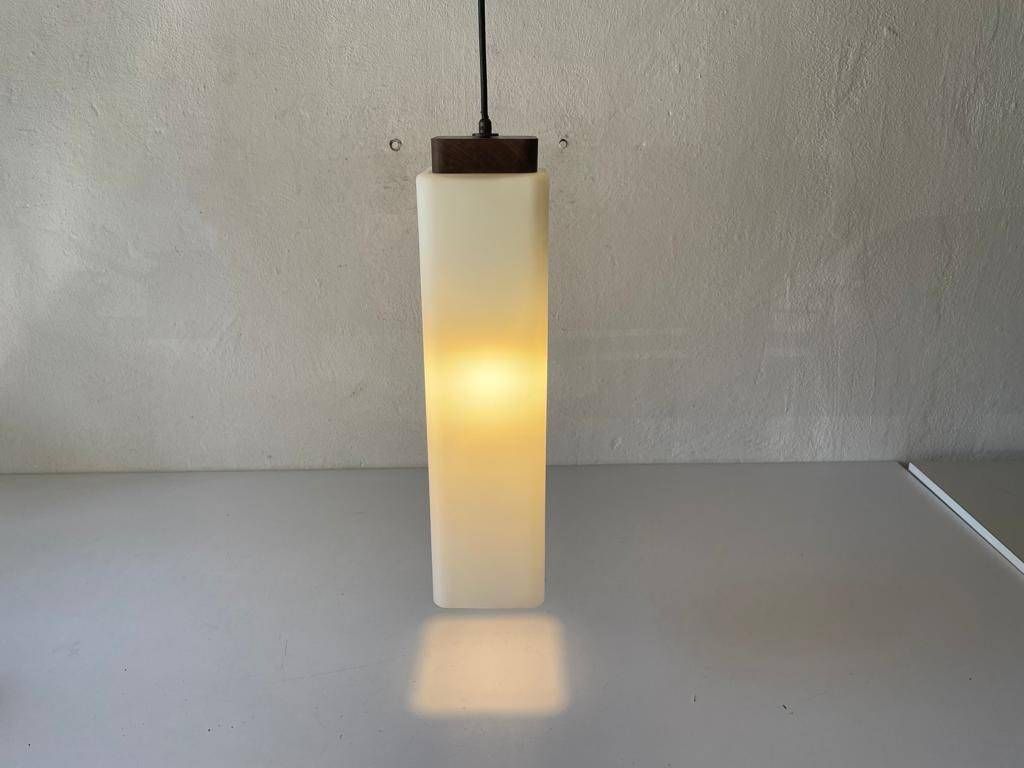 Italian Modern Square Prism Opal Glass And Wood Top Pendant Lamp, 1960s, Italy photo 884.12