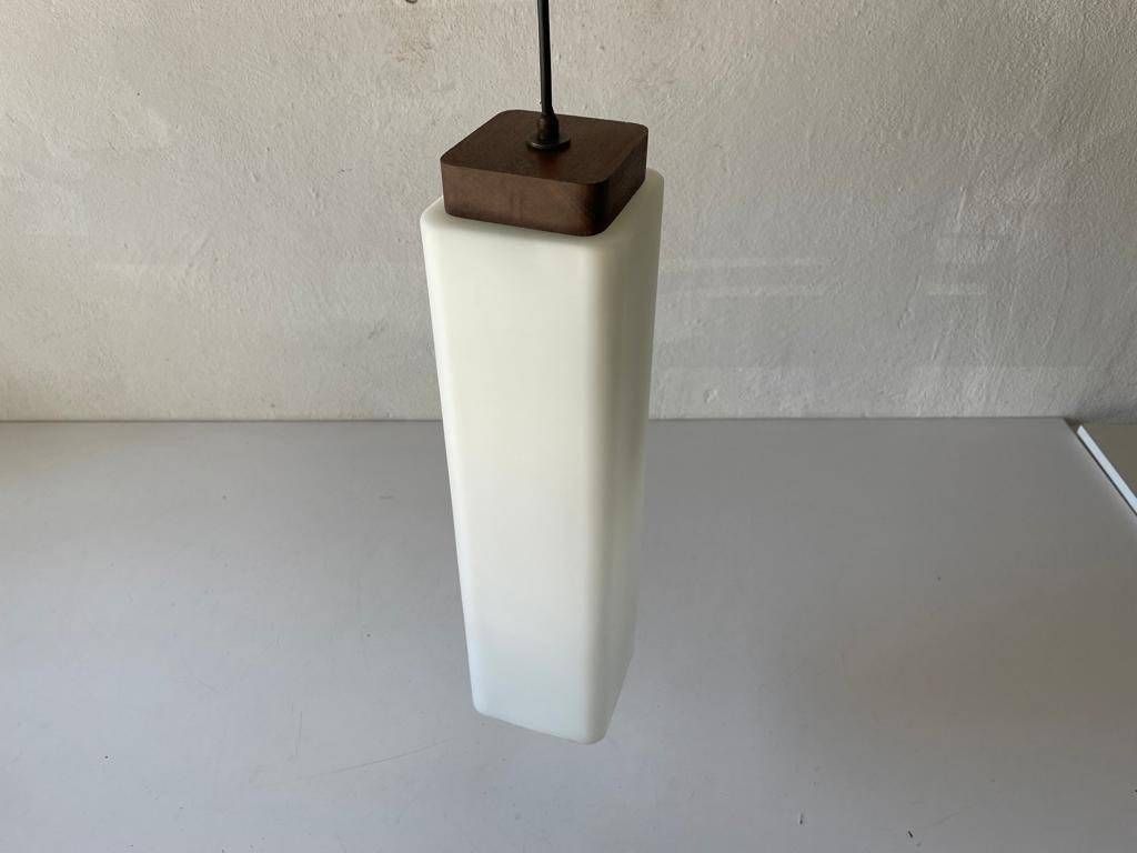 Italian Modern Square Prism Opal Glass And Wood Top Pendant Lamp, 1960s, Italy photo vinterior