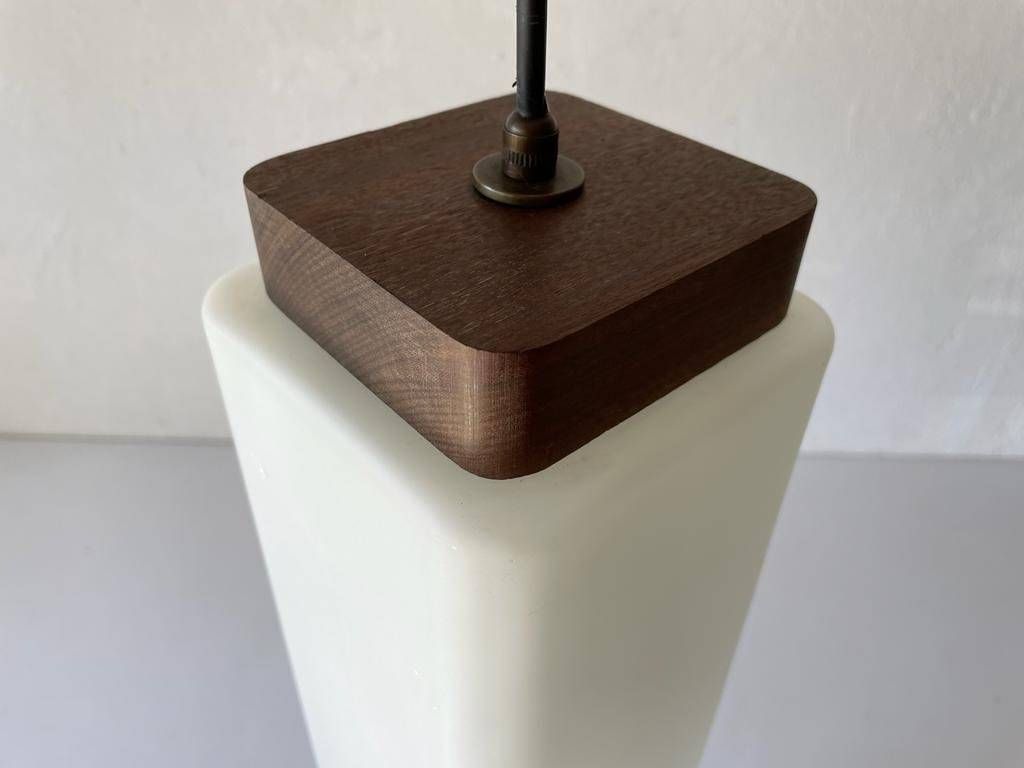 Italian Modern Square Prism Opal Glass And Wood Top Pendant Lamp, 1960s, Italy photo vintage
