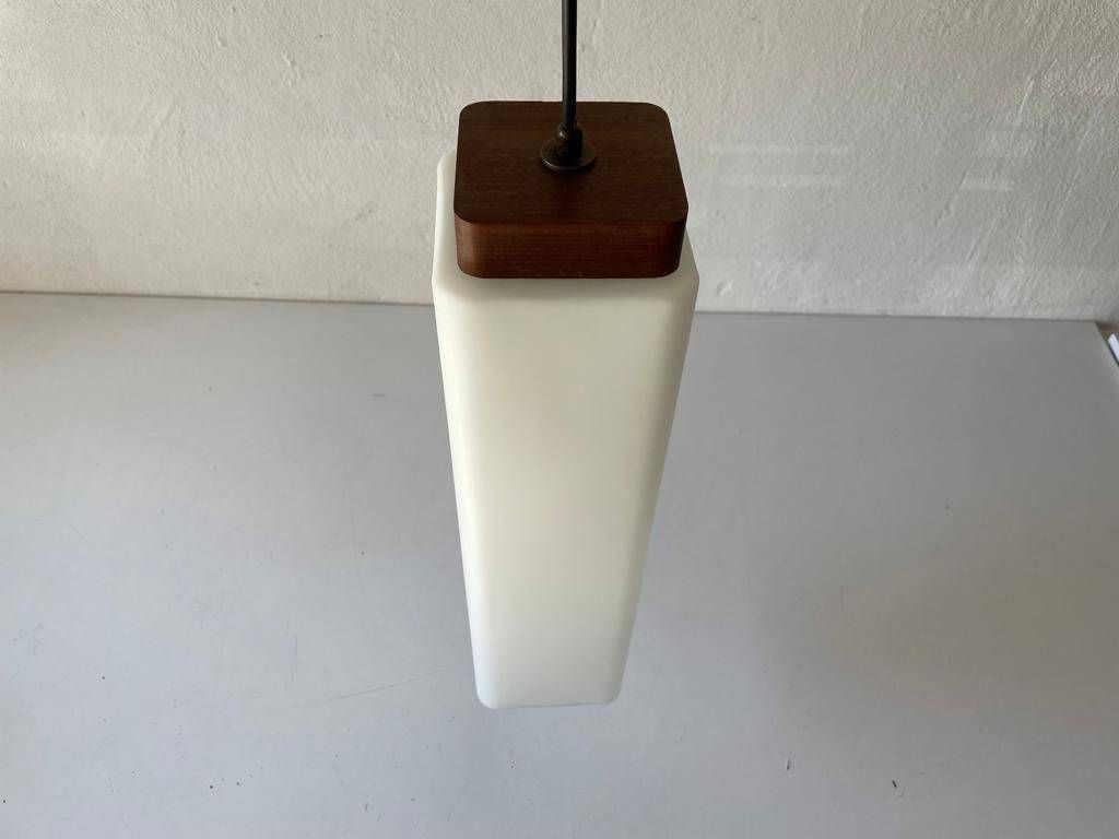photo furniture Italian Modern Square Prism Opal Glass And Wood Top Pendant Lamp, 1960s, Italy