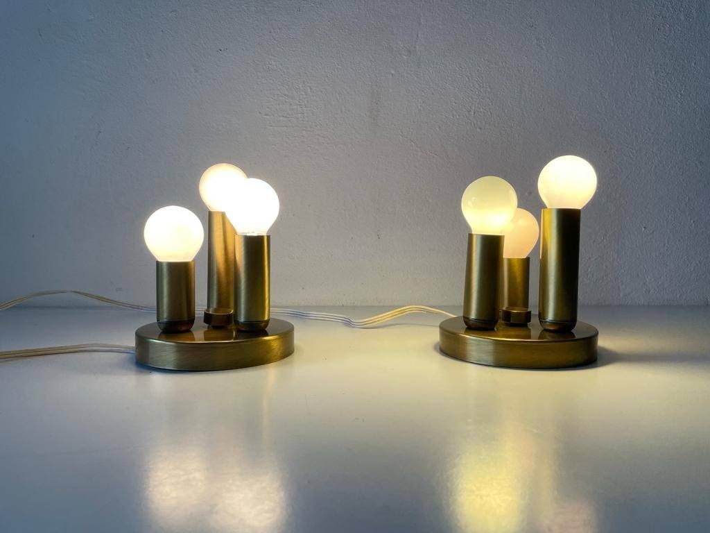 Rare Space Age Antique Gold Metal Triple Tube Mini Pair Of Ceiling Lamps By Tz, 1960s, Germany photo furniture