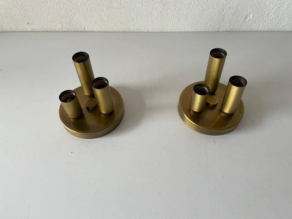 Rare Space Age Antique Gold Metal Triple Tube Mini Pair Of Ceiling Lamps By Tz, 1960s, Germany photo vintage