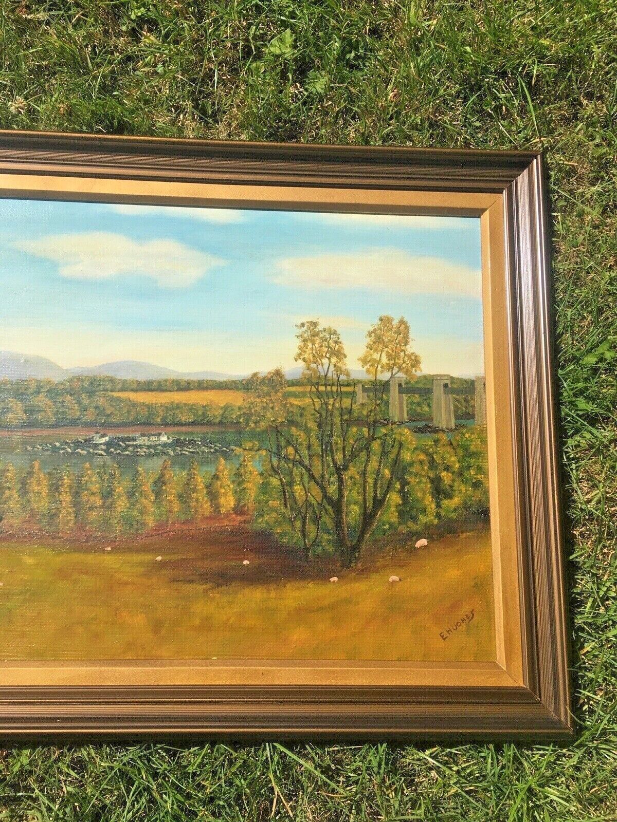 Huge 4ft Original Framed Oil Painting Menai Britannia Bridge Anglesey Snowdonia photo 325.0