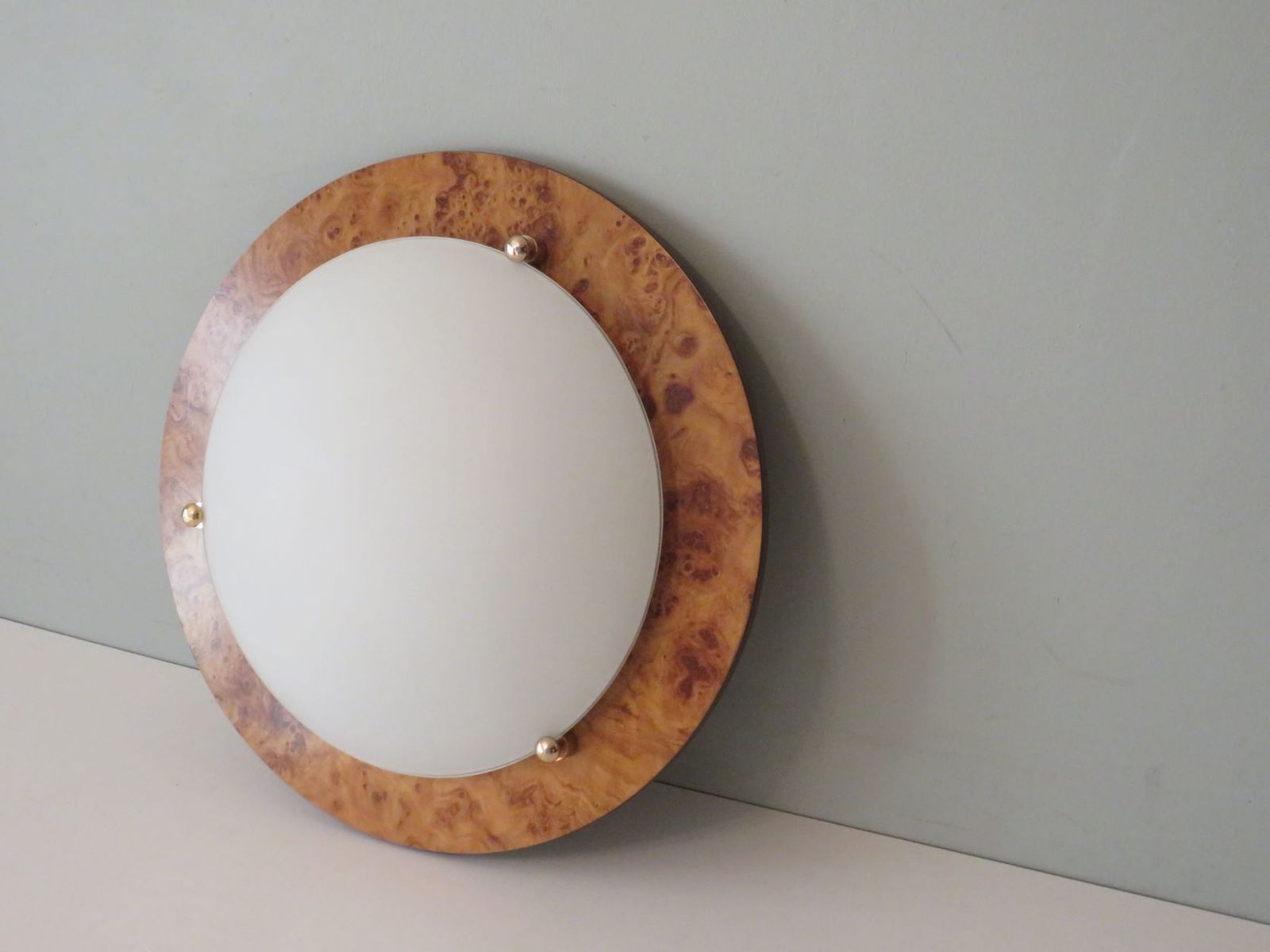 Vintage Ceiling Lamp, Glass And Faux Burlwood, Spain 1970 photo buy