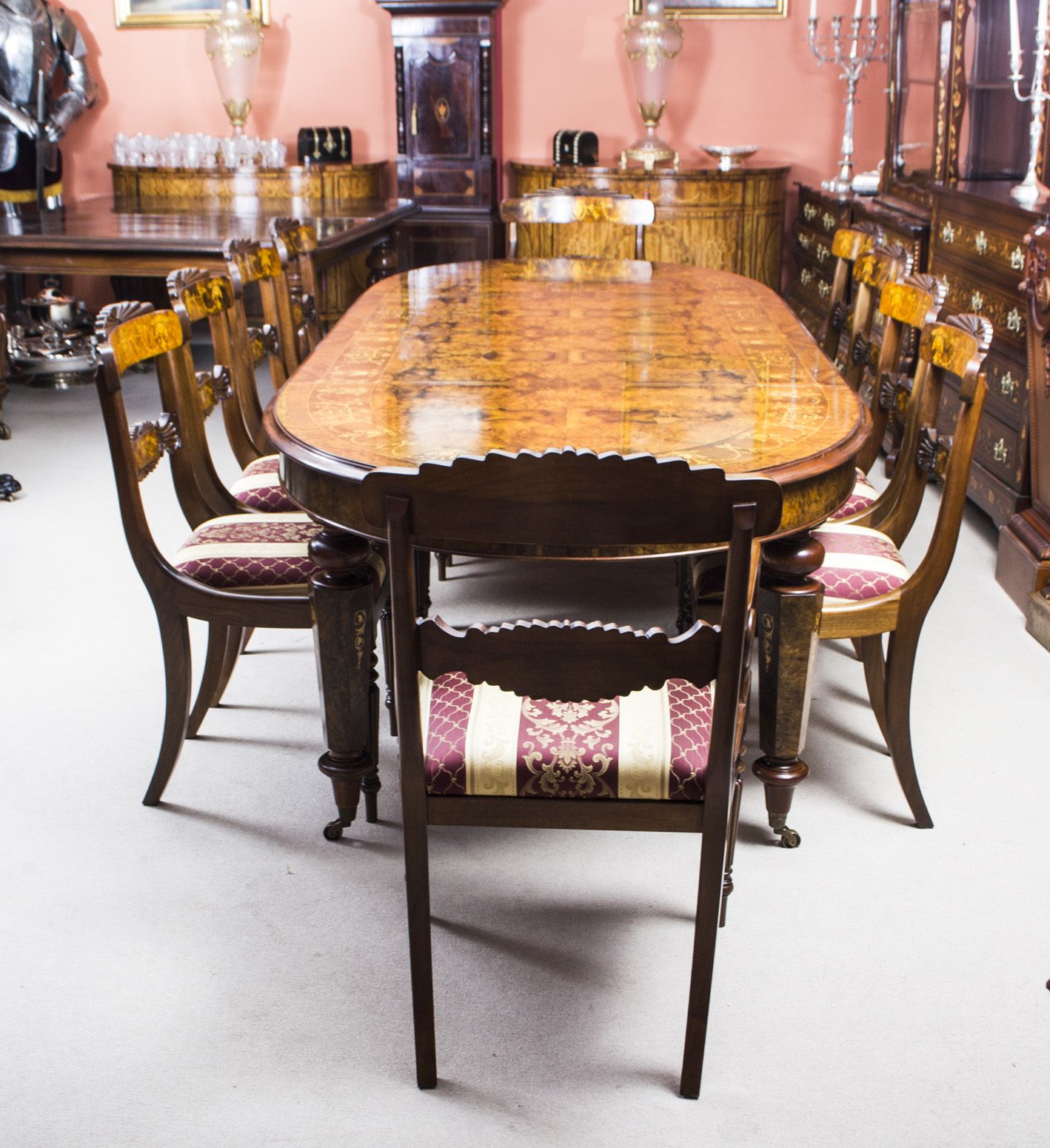 Stunning Burr Walnut Marquetry Dining Table 10 Chairs photo furniture