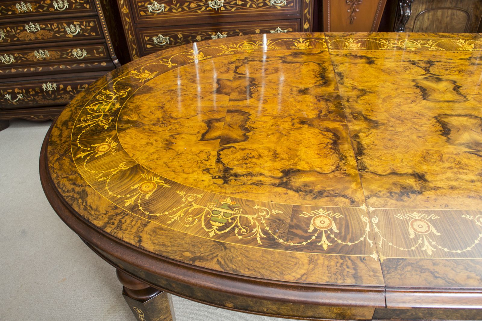 photo for sale Stunning Burr Walnut Marquetry Dining Table 10 Chairs