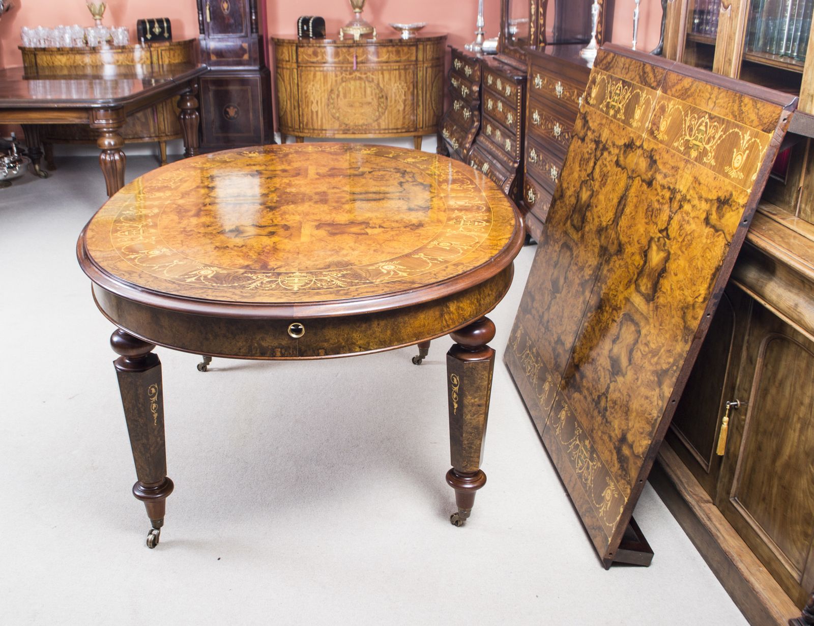 photo buy Stunning Burr Walnut Marquetry Dining Table 10 Chairs