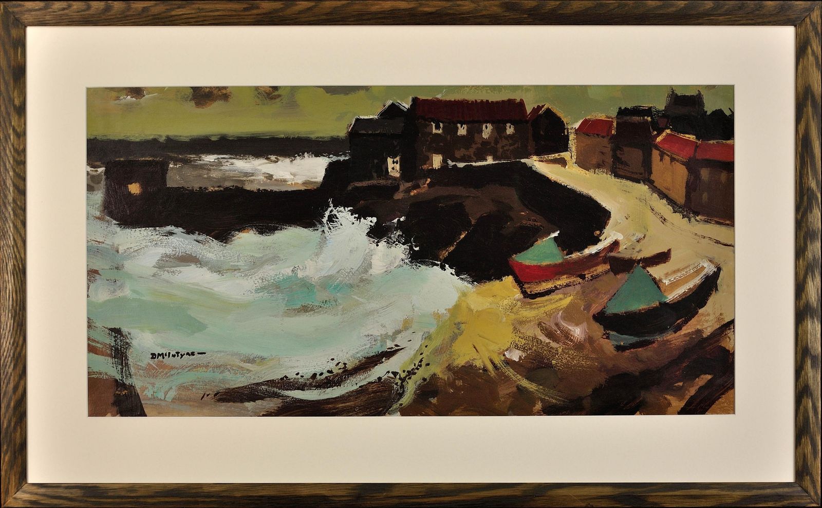 Donald Mcintyre 1923 To 2009. English. Stormy Day, Craster, Northumberland. 1970s Framed Coastal Colourist Post Impressionist Oil Painting.