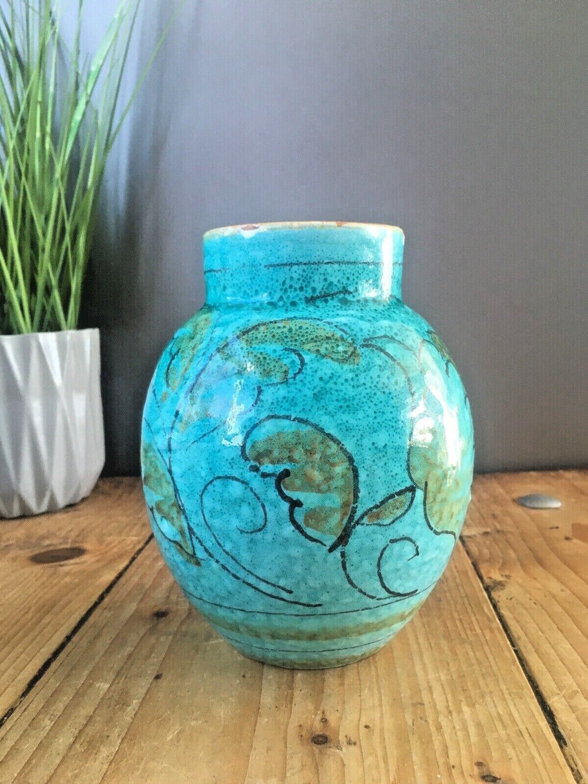 Mid Century 50's Italian Pottery Turquoise Leaf Vase Retro Fratelli Fanciullacci photo vintage