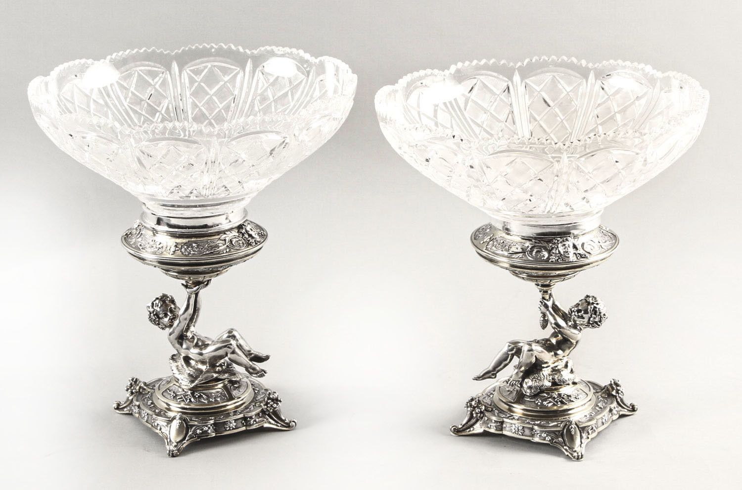 Pair English Victorian Silver Plate & Cut Glass Centrepieces 1883 19th C