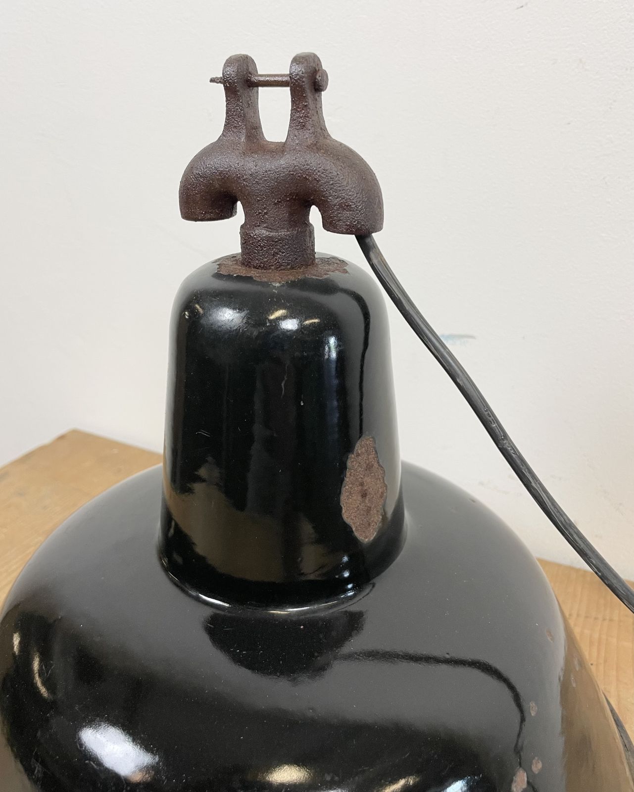 Industrial Black Enamel Factory Lamp With Cast Iron Top, 1950s photo for sale