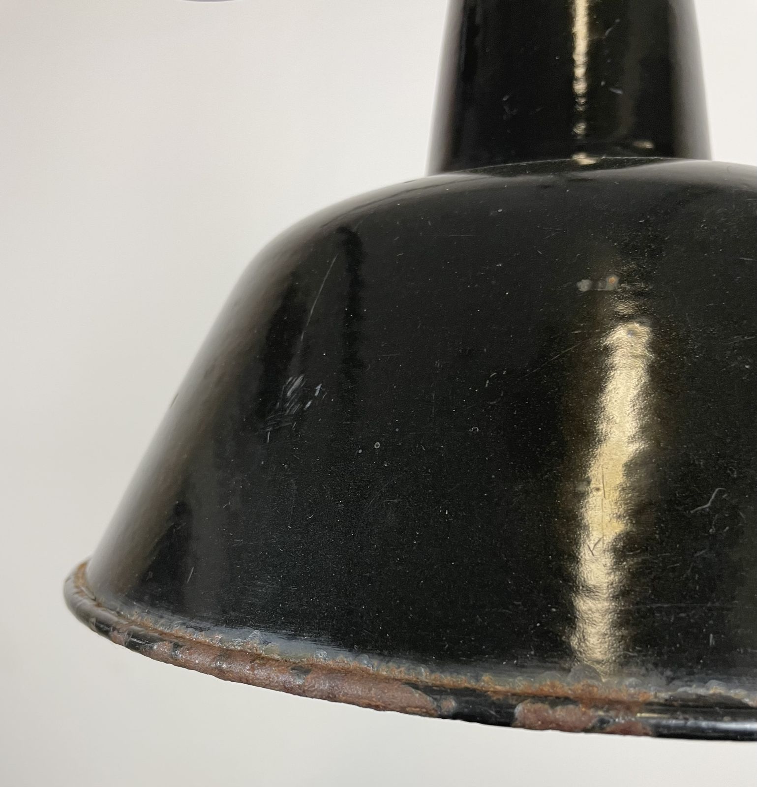 Industrial Black Enamel Factory Lamp With Cast Iron Top, 1950s photo vinterior